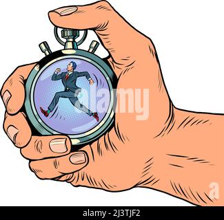 uomo d'affari che corre cronometro di sport tardivi, misuratore di velocità. Le frecce dell'orologio sono uno strumento preciso. Esegui Pop art retro vettore illustrazione comic cari Illustrazione Vettoriale