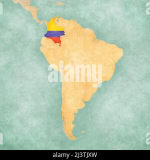 Colombia (bandiera colombiana) sulla mappa del Sud America. La mappa è in stile estivo d'epoca e d'atmosfera soleggiata. La mappa ha un'atmosfera soft grunge e vintage Foto Stock