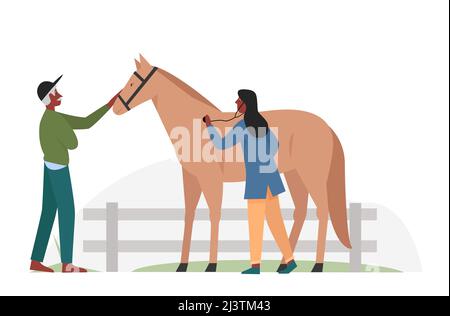 Cavallo all'esame veterinario. Animali domestici cura e vet consultazione illustrazione isolata Illustrazione Vettoriale