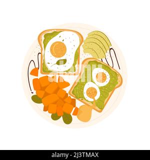 Vista dall'alto dei toast per la colazione con uova. Mattina piatto avocado sandwich illustrazione isolata Illustrazione Vettoriale