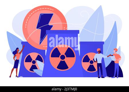 Ingegneri che lavorano nei reattori delle centrali nucleari che rilasciano energia. Energia nucleare, centrale nucleare, concetto di fonte energetica sostenibile. Rosone co Illustrazione Vettoriale