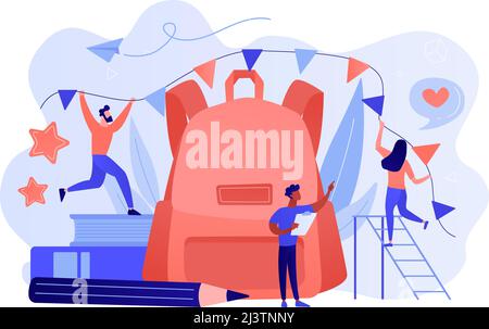 Zaino grande, libri, insegnanti e studenti decorando con colorate bandiere festive. Organizzare festa di ritorno a scuola, nuovo concetto di celebrazione dell'anno scolastico. Illustrazione Vettoriale