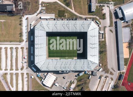 Magdeburg, Germania - Marzo 2022: Vista aerea sulla MDCC-Arena, stadio sede del 1. FC Magdeburg Foto Stock