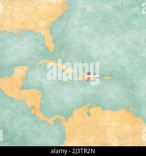 Repubblica Dominicana (bandiera dominicana) sulla mappa dei Caraibi e dell'America Centrale. La mappa è in stile estivo d'epoca e d'atmosfera soleggiata. La mappa ha un soft Foto Stock