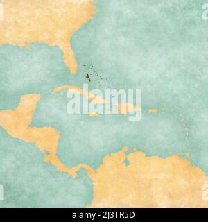 Le Bahamas (bandiera delle Bahamas) sulla mappa dei Caraibi e dell'America Centrale. La mappa è in stile estivo d'epoca e d'atmosfera soleggiata. La mappa ha una grunge morbida Foto Stock