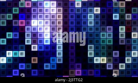 Bellissimo mosaico multicolore in astrazione. Movimento. I cubi viola brillante al neon si illuminano con colori diversi. Foto Stock