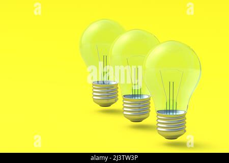 Fila di tre lampadine su sfondo giallo. Spazio di copia. 3d rendering Foto Stock