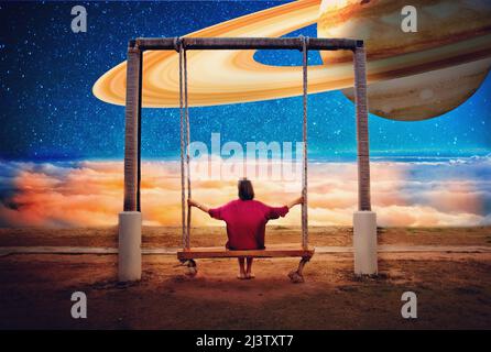 Sfondo dell'illustrazione fantasy. La donna guarda la vista del bellissimo pianeta di notte. Foto Stock