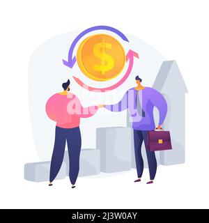 Strategia B2B. Transazione commerciale. Accordo con i partner, accordo di partnership, collaborazione di successo. Uomini d'affari scuotendo mani cartone animato carattere Illustrazione Vettoriale