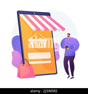 Applicazione per il mercato digitale. Attività in remoto. Commercio elettronico, negozio internet, mercato mobile. Cliente che utilizza il carattere cartoon dello smartphone. Isola vettore Illustrazione Vettoriale