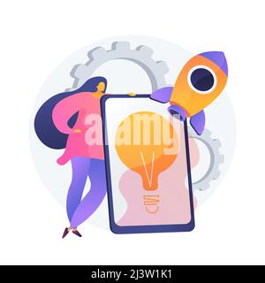 Implementazione di idea. Avvio, pensiero creativo, soluzioni innovative. Donna d'affari, investitore, responsabile che inizia il progetto di affari. Vettore è Illustrazione Vettoriale