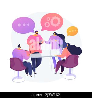 Cooperazione e collaborazione sul lavoro. Riunione aziendale, briefing dei colleghi, lavoro di squadra dei dipendenti. Colleghi in sala conferenze che discutono del progetto. VEC Illustrazione Vettoriale