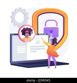 Riconoscimento facciale, identificazione personale, accesso sicuro. Voce profilo, apertura memorizzazione dati. Personaggio cartoon del titolare del conto femminile. Isolamento vettore Illustrazione Vettoriale