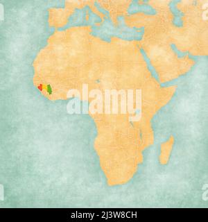 Guinea (bandiera della Guinea) sulla mappa dell'Africa. La mappa è in morbido grunge e vintage stile, come la pittura acquerello su carta vecchia. Foto Stock