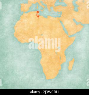 Tunisia (bandiera tunisina) sulla mappa dell'Africa. La mappa è in morbido grunge e vintage stile, come la pittura acquerello su carta vecchia. Foto Stock