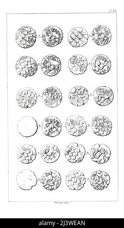 Antiche monete Britoniche del Libro ' le monete degli antichi Britonini ' di John Evans, Sir, e incise da Frederick William Fairholt e P. Sellier, Editore Londra : B. Quaritch 1864 Foto Stock