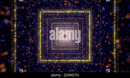 Animazione di enormi forme geometriche su sfondo blu. Movimento. Grandi quadrati accanto ai quali si muovono piccole luci lucide. Foto Stock