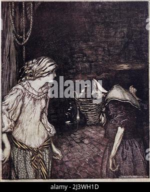 Finalmente raggiunse la cantina, e là trovò una vecchia, vecchia donna con una testa tremante da ' The Robber Bridegroom ' dal libro ' Hansel & Grethel : & other tales ' di Jacob Grimm, Wilhelm Grimm, illustrato da Arthur Rackham, Editore Londra : Constable & Co., Ltd 1920 Foto Stock