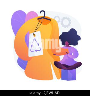 Marchio di abbigliamento ecocompatibile. Etichetta di riciclaggio, abbigliamento privo di plastica, indumenti ecologici. Moda femminile. Donna che acquista vestiti di materiale naturale. Il vettore è Illustrazione Vettoriale