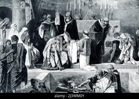 La didascalia del 1906 recita: “Battesimo di Clovis.—Clovis, un capo dei Franchi pagani, conquistò la terra romana di Gallia e la chiamò Francia. Sposò una moglie cristiana [Clotilde], e fu infine persuaso da lei ad adottare la sua fede e a sottomettersi al battesimo. Vediamo la cerimonia come è stata eseguita nell'antica cattedrale di Reims da Mons. Remigius. I barbari guerrieri di Clovis si radunano in stupore; lo scagnato capo stesso si inginocchia per metà, mentre sopra di lui si torreggia il vescovo cristiano, convocandolo a una nuova vita”. Foto Stock