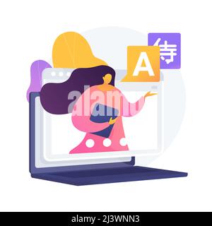 Illustrazione vettoriale del concetto astratto della scuola di lingua online. Lezione digitale registrata, tutor di lingua online, lezione di madrelingua dal vivo, pratica cour Illustrazione Vettoriale