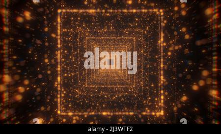 Un corridoio di piazze luminose. Movimento. Filmato nero su cui i quadrati luminosi avanzano intorno a piccole particelle luminose. Foto Stock