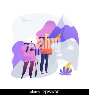 Viaggio di anzianità. Coppia di persone anziane che camminano in montagna con zaini e macchina fotografica. Persone anziane in viaggio. Turismo, ricreazione, attività. Ve Illustrazione Vettoriale