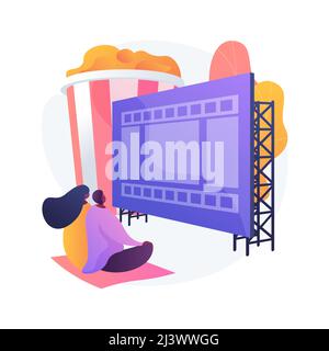 Teatro estivo. Intrattenimento estivo, visione di film, attività ricreative all'aperto. Coppia godendo di una serata rilassante in un cinema all'aperto, romantico appuntamento idea Illustrazione Vettoriale
