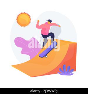 Divertimento estremo, intrattenimento sportivo. Attività all'aperto, hobby dello skateboard, riposo attivo. Allenamento adolescente skateboarder nel parco urbano skateboard. Illustrazione Vettoriale