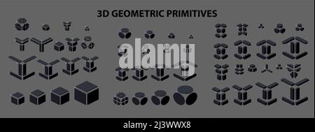 Set di 3D figure primitive geometriche in stile isometrico per la combinazione in costruzione.illustrazione vettoriale. Illustrazione Vettoriale