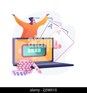 Giocatore che gioca a poker online, ragazzo vinto nel casinò internet. Gioco di carte rischioso, gioco d'azzardo digitale, torneo virtuale. Giocatore di successo con buona fortuna. Illustrazione Vettoriale