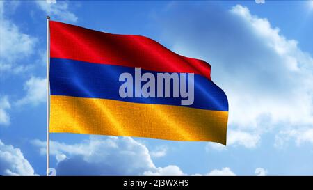 La bandiera dell'Armenia. Motion.uno dei simboli di stato della Repubblica di Armenia. Il flag è un pannello rettangolare di tre strisce orizzontali uguali di Foto Stock