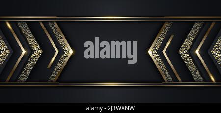 Moderno e lussuoso modello banner design nero freccia triangoli e dorato glitter 3D righe d'oro linea luce che scintilla su sfondo scuro. Grafica vettoriale i Illustrazione Vettoriale