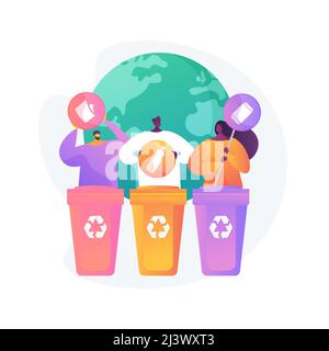 Eco attivisti di smistamento rifiuti. Segregazione dei rifiuti. Sistema monouso. Responsabilità ecologica. Contenitori di rifiuti, contenitori di rifiuti, idea di riciclaggio. Vettore Illustrazione Vettoriale