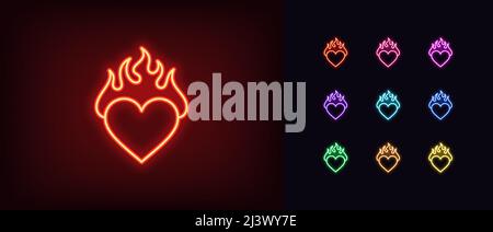 Delineare l'icona del cuore che brucia al neon. Cuore di neon incandescente con fuoco, pittogramma d'amore ardente. Passione calda, fiamma d'amore, sensazione ardente, fiamma passione e abete Illustrazione Vettoriale