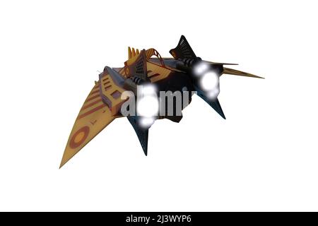 Futuristica nave spaziale aliena che vola lontano dallo spettatore. 3D illustrazione isolata su sfondo bianco con tracciato di ritaglio. Foto Stock