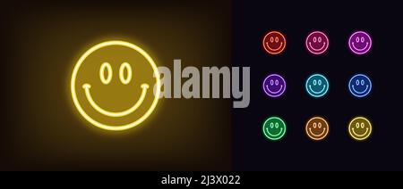 Delineare l'icona delle emoji sorridenti al neon. Clown neon Emoticon felice con grande sorriso e occhi, viso allegro pittogramma. Simpatico emoji divertente, fumetto, felice e divertente Illustrazione Vettoriale