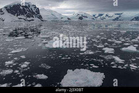 Paesaggio di ghiaccio, neve, ghiacciaio e iceberg dell'Antartide Foto Stock