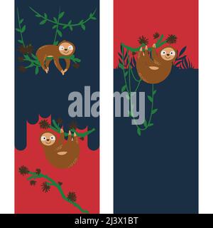 Cute sloth su disegni vettoriali di branches cartoon. Dormendo in una giungla Illustrazione Vettoriale