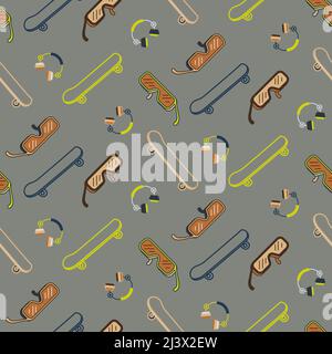 Modello senza cuciture con skateboard, cuffie e occhiali da sole. Sfondo grigio con texture cool. Carta da parati per ragazzi. Texture tema Street style Illustrazione Vettoriale