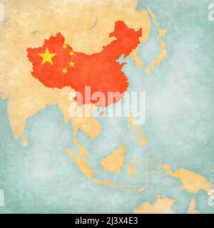 Cina (bandiera cinese) sulla mappa dell'Asia orientale e sudorientale in morbido grunge e stile vintage, come carta vecchia con acquerello pittura. Foto Stock