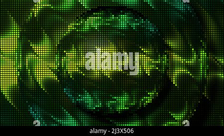 Background in astrazione. Movimento. Una palla fatta di quadretti e cerchi brilla di verde neon e rosso Foto Stock