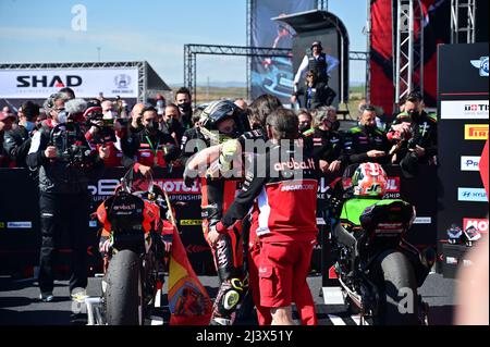 NÂ°19 Alvaro Bautista ESP Ducati Panigale V4R ARUBA.IT Racing - Ducati durante Pirelli Aragon Round - FIM Superbike World Championship 2022 - Superpole Race, World Superbike - SBK ad Aragon, Spagna, Aprile 10 2022 Foto Stock