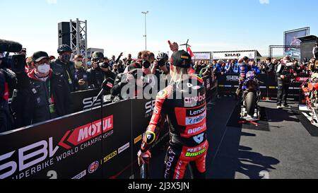 NÂ°19 Alvaro Bautista ESP Ducati Panigale V4R ARUBA.IT Racing - Ducati durante Pirelli Aragon Round - FIM Superbike World Championship 2022 - Superpole Race, World Superbike - SBK ad Aragon, Spagna, Aprile 10 2022 Foto Stock