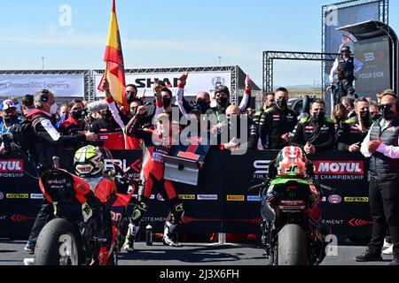 NÂ°19 Alvaro Bautista ESP Ducati Panigale V4R ARUBA.IT Racing - Ducati durante Pirelli Aragon Round - FIM Superbike World Championship 2022 - Superpole Race, World Superbike - SBK ad Aragon, Spagna, Aprile 10 2022 Foto Stock