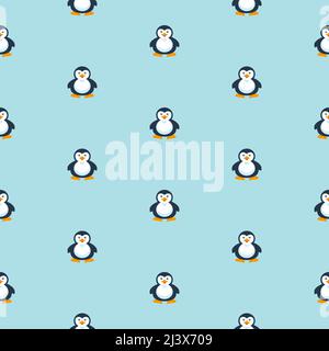 Pinguino pattern carino animal cartone animato semplice senza giunture su sfondo blu Illustrazione Vettoriale