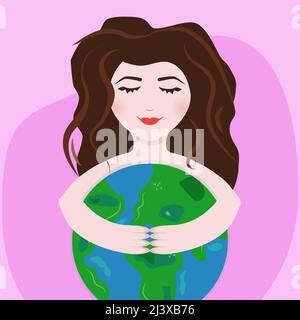 Ragazza che tiene il pianeta Terra con le mani. Donna abbraccia il Globe Vector Illustration. Illustrazione Vettoriale