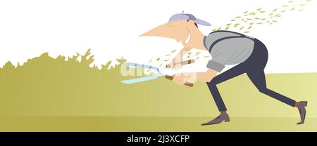 Illustrazione cartoni animati giardiniere. L'uomo comico taglia i cespugli con le forbici Illustrazione Vettoriale