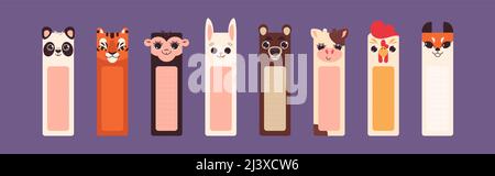 Bookmarks o adesivi con le facce graziose dell'animale quadrato per il libro della scuola dei bambini. Raccolta di note adesive rettangolari in carta verticale con testa divertente di animali selvatici e da fattoria in stile piatto. Illustrazione Vettoriale
