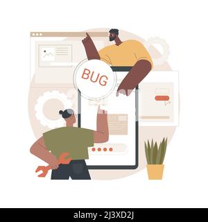 Illustrazione vettoriale del concetto astratto di test del software. Test delle applicazioni software IT, controllo della qualità, team di controllo della qualità, risoluzione dei bug, automazione e manuale, Illustrazione Vettoriale